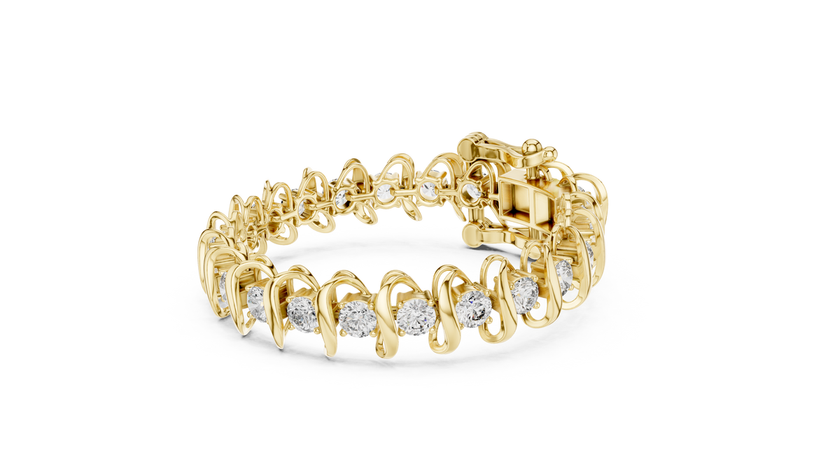 Bold link style lab grown diamond bracelet with large round cut diamonds in yellow white and rose gold