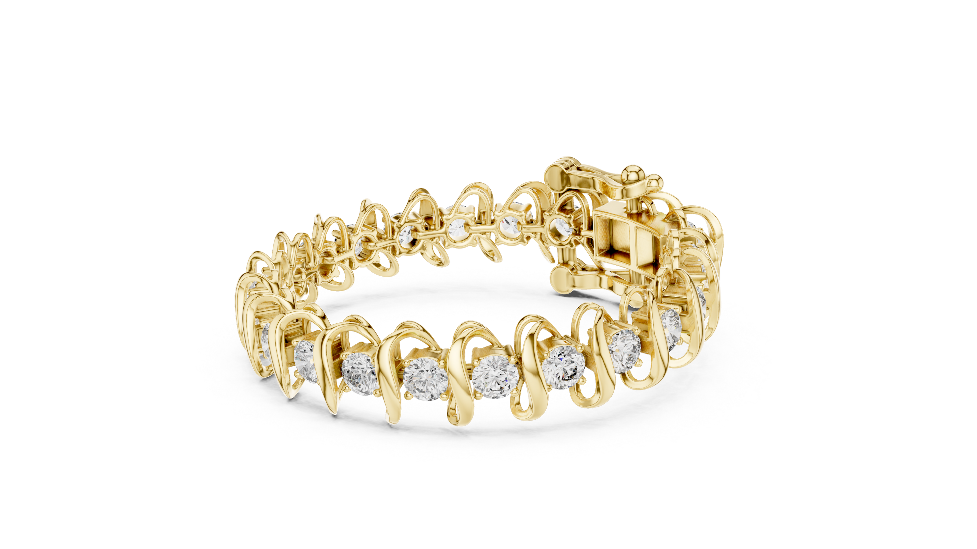 Bold link style lab grown diamond bracelet with large round cut diamonds in yellow white and rose gold
