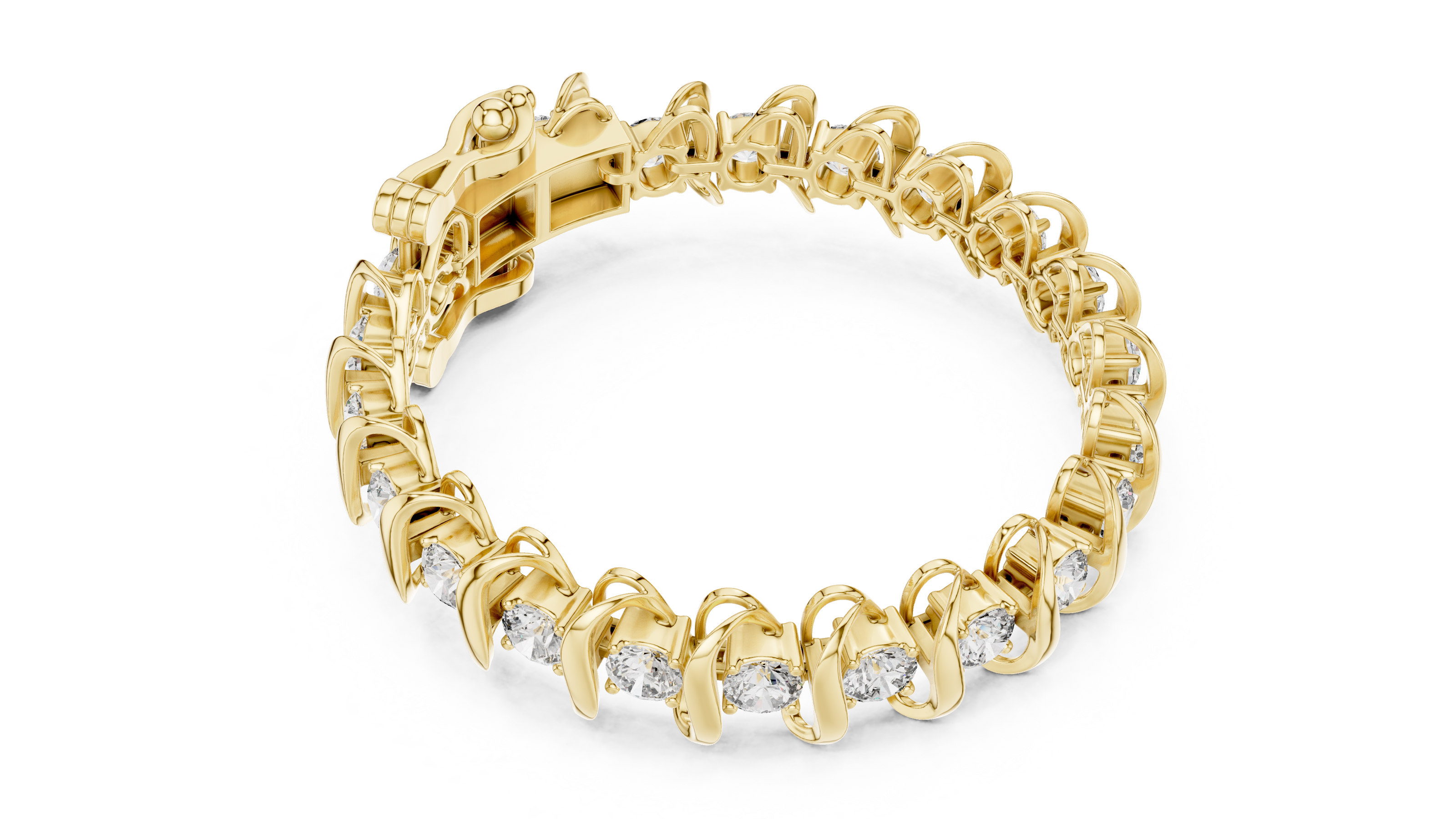 Bold link style lab grown diamond bracelet with large round cut diamonds in yellow white and rose gold