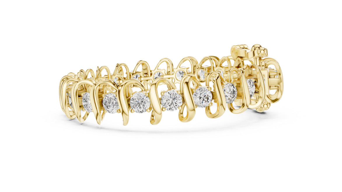 Bold link style lab grown diamond bracelet with large round cut diamonds in yellow white and rose gold