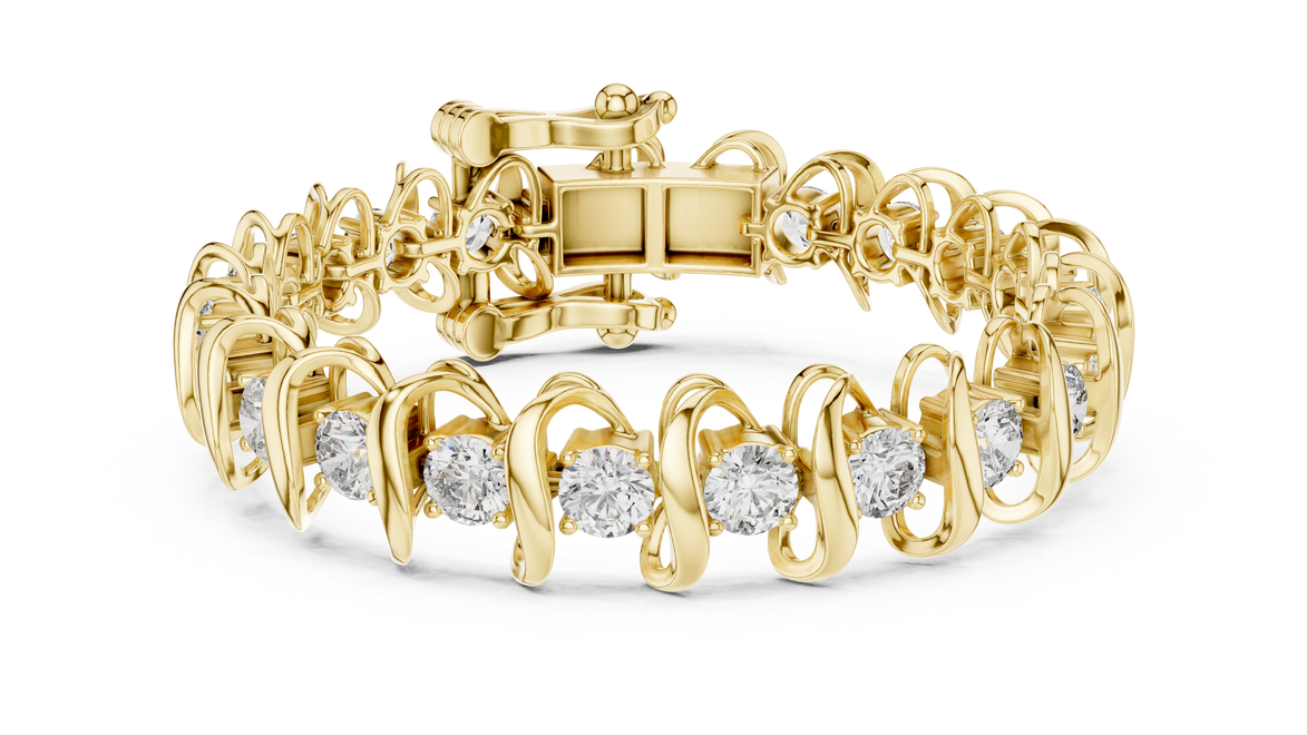 Bold link style lab grown diamond bracelet with large round cut diamonds in yellow white and rose gold