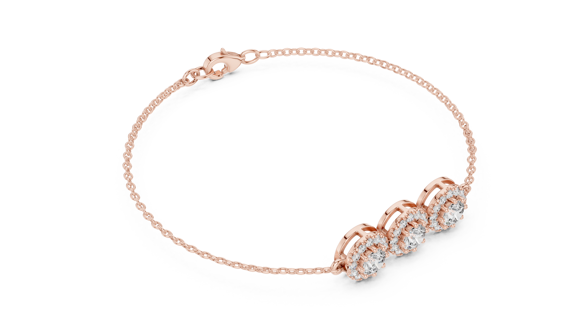 Vintage halo style lab grown diamond bracelet connector with round center diamonds and halo detailing in yellow white and rose gold