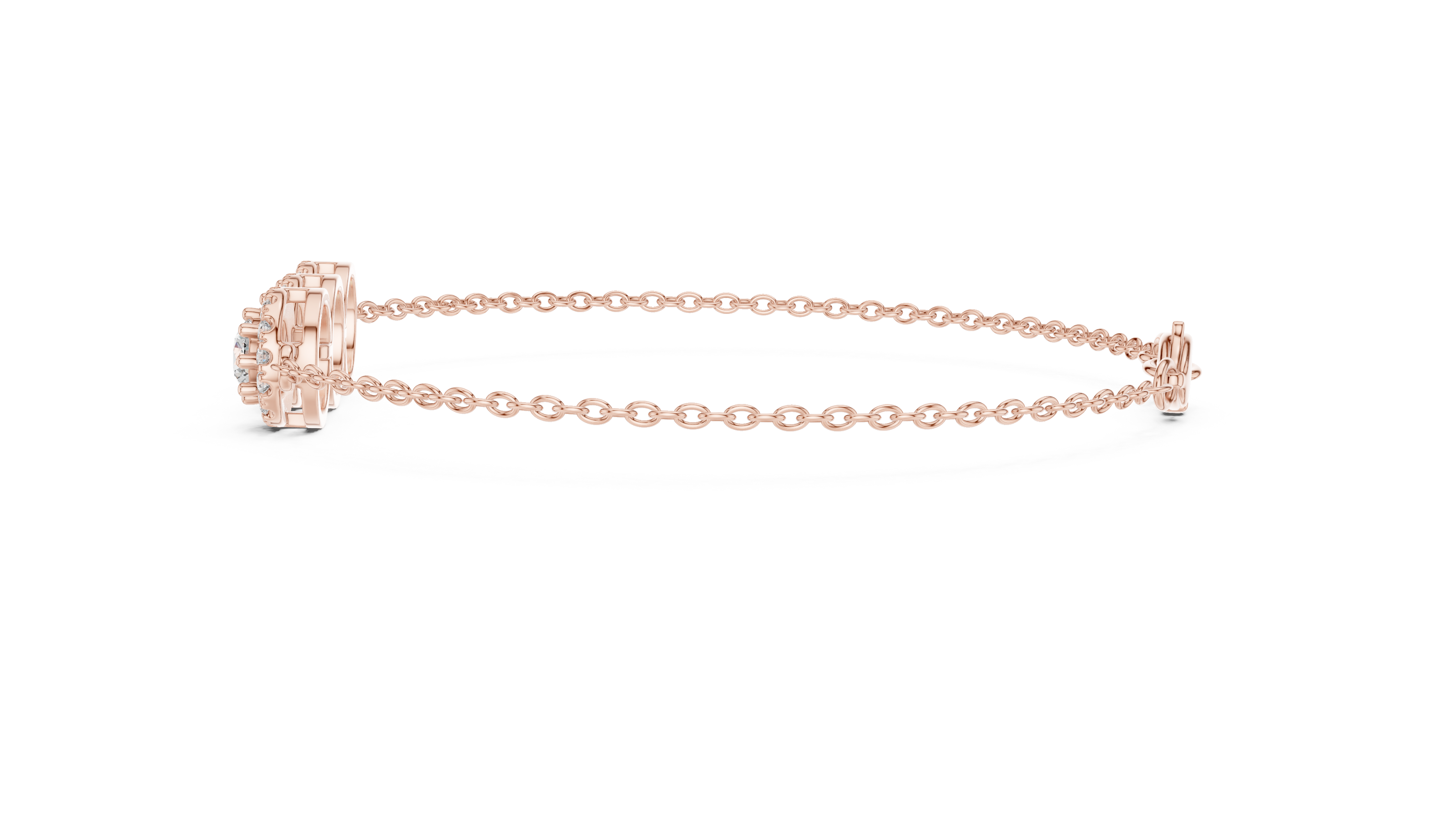Vintage halo style lab grown diamond bracelet connector with round center diamonds and halo detailing in yellow white and rose gold