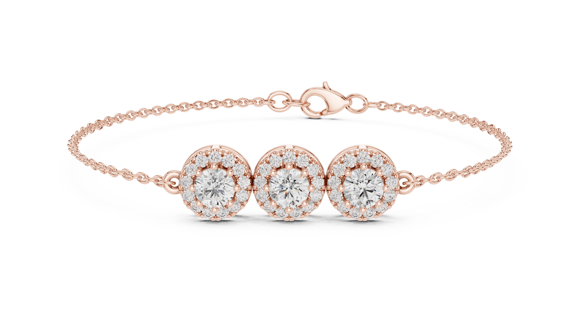 Vintage halo style lab grown diamond bracelet connector with round center diamonds and halo detailing in yellow white and rose gold