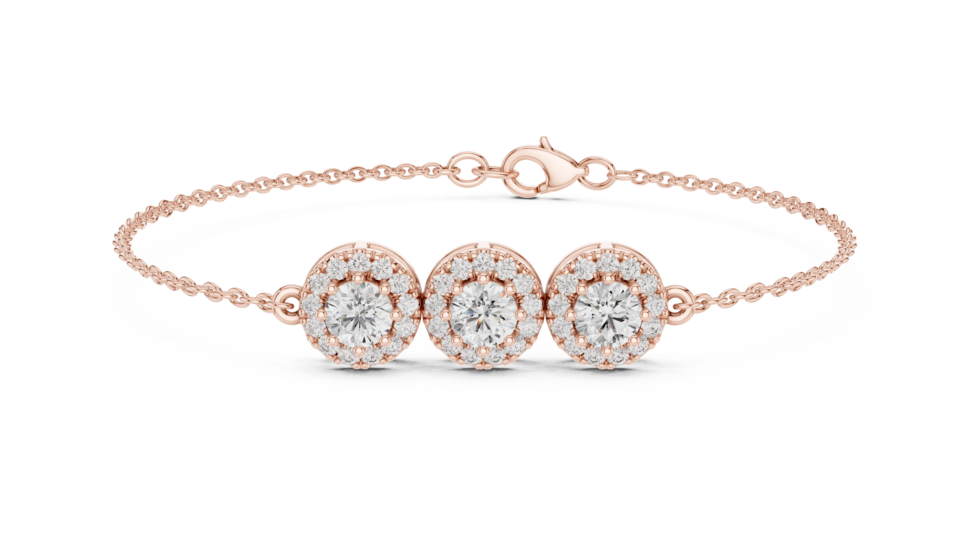 Vintage halo style lab grown diamond bracelet connector with round center diamonds and halo detailing in yellow white and rose gold