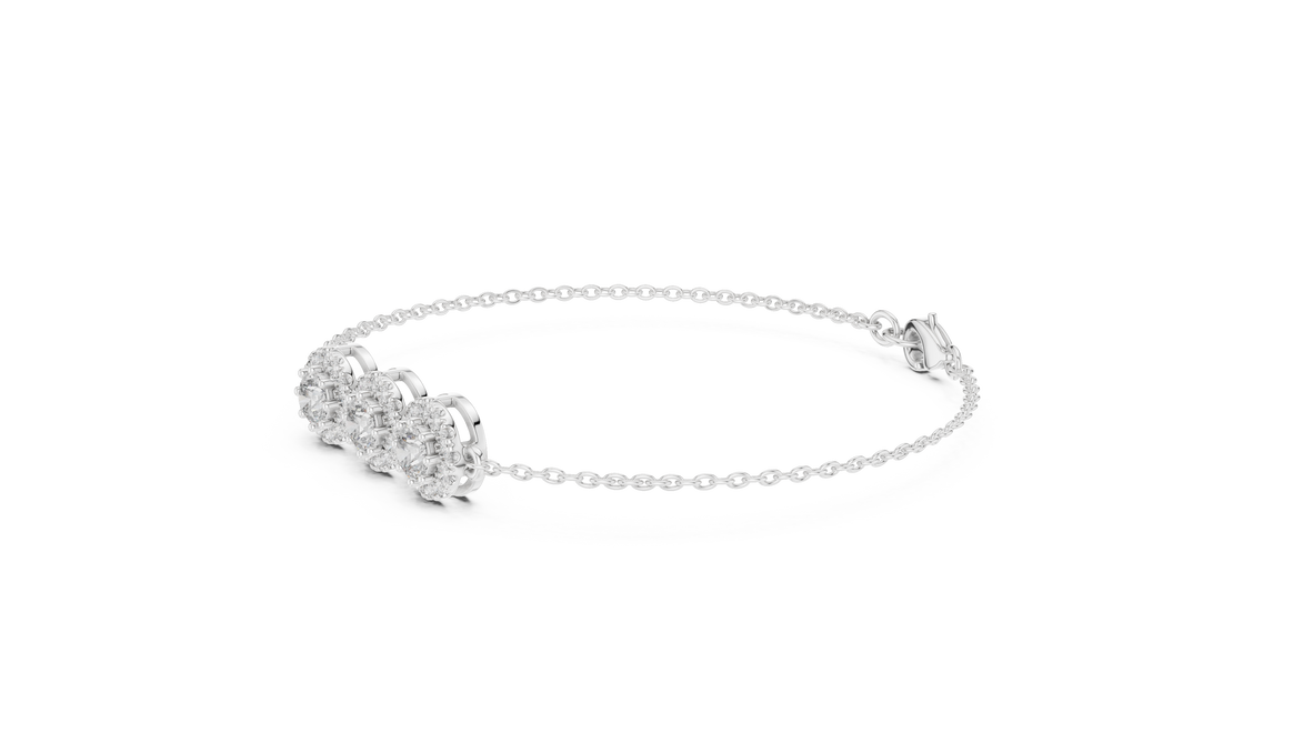 Vintage halo style lab grown diamond bracelet connector with round center diamonds and halo detailing in yellow white and rose gold