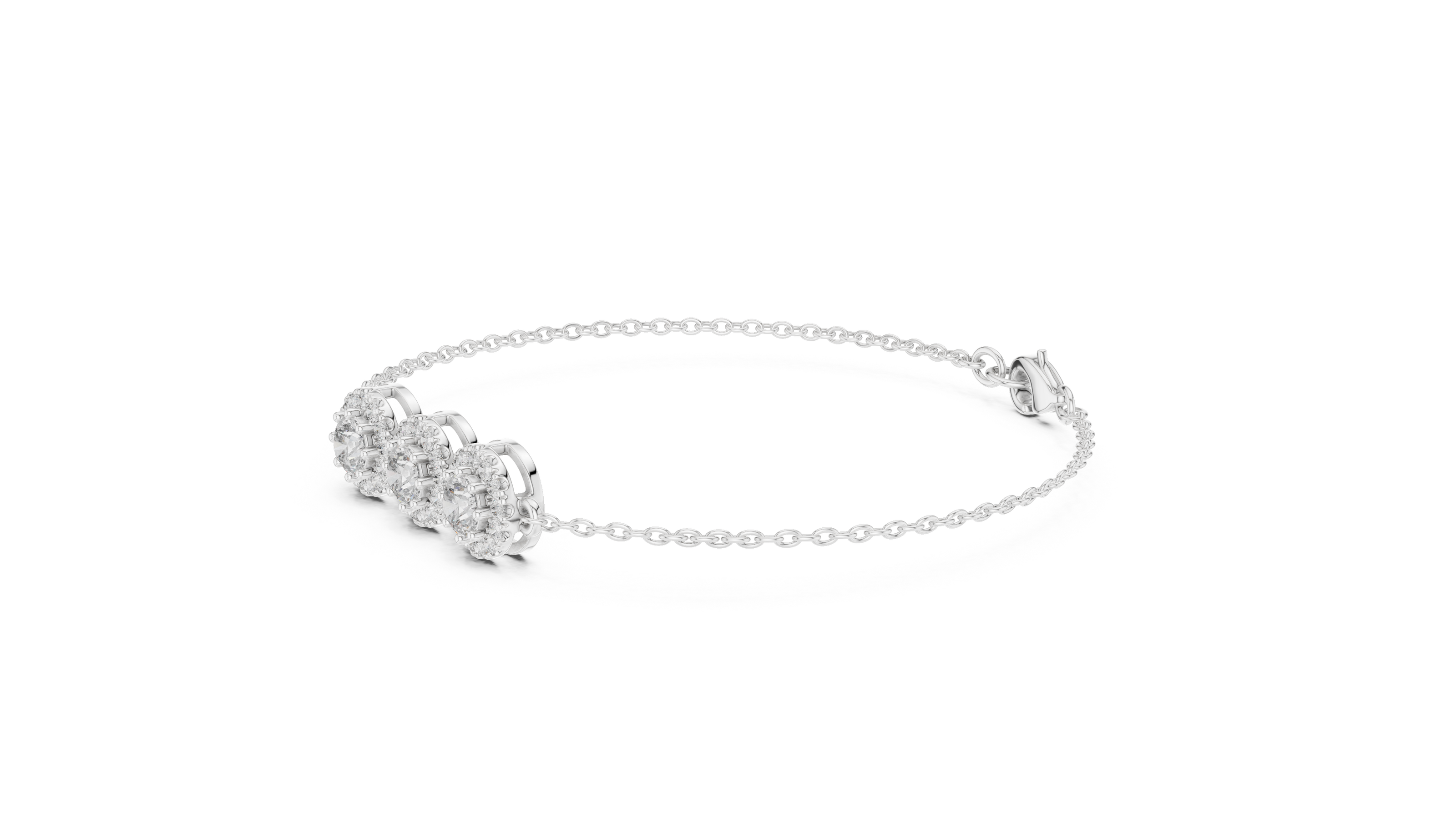 Vintage halo style lab grown diamond bracelet connector with round center diamonds and halo detailing in yellow white and rose gold
