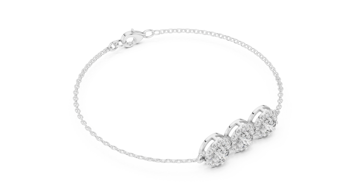 Vintage halo style lab grown diamond bracelet connector with round center diamonds and halo detailing in yellow white and rose gold