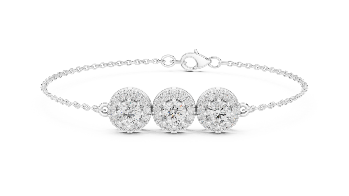 Vintage halo style lab grown diamond bracelet connector with round center diamonds and halo detailing in yellow white and rose gold