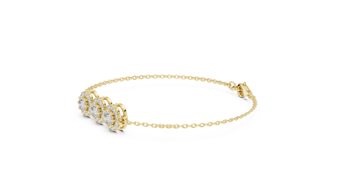 Vintage halo style lab grown diamond bracelet connector with round center diamonds and halo detailing in yellow white and rose gold