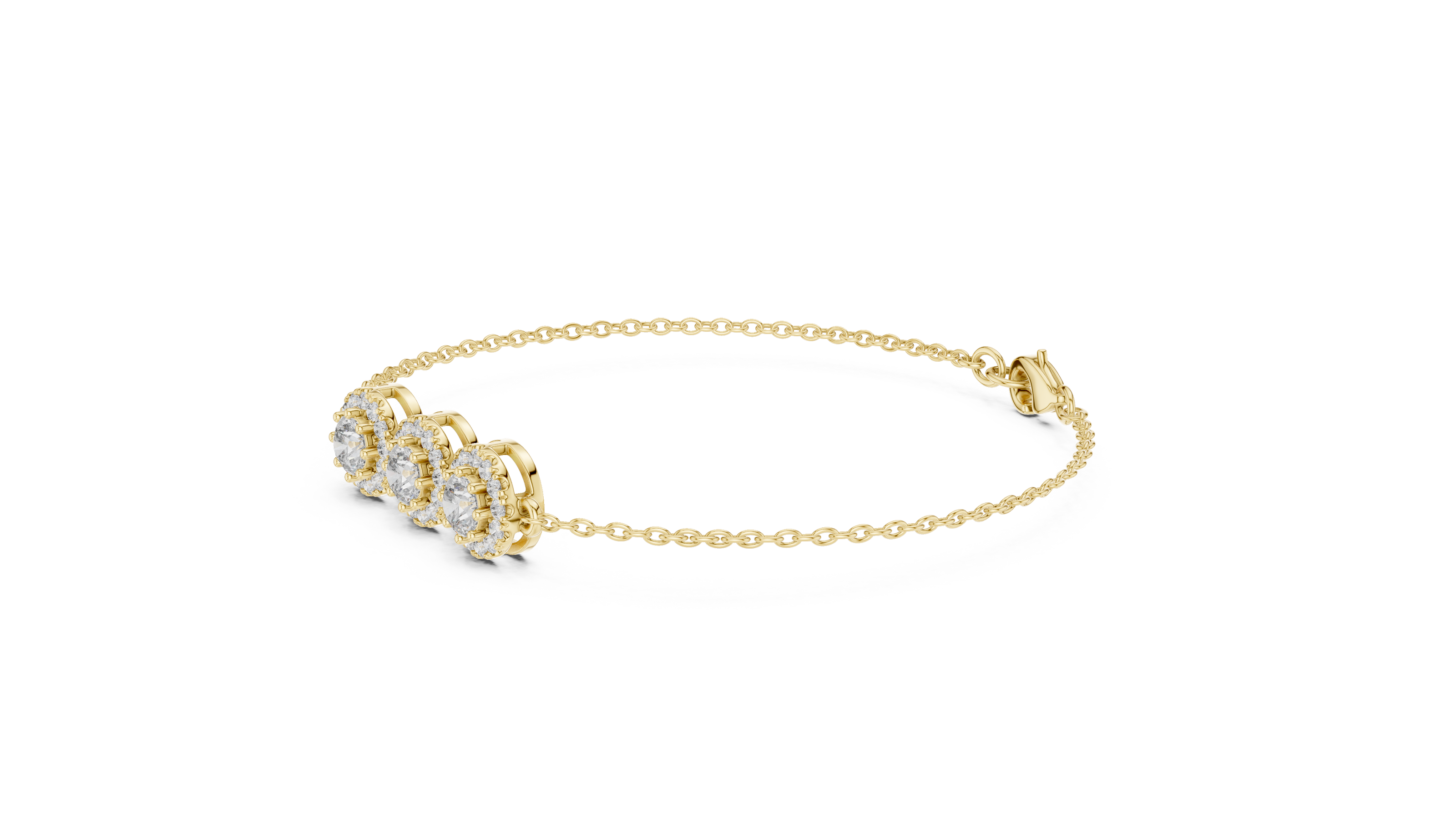 Vintage halo style lab grown diamond bracelet connector with round center diamonds and halo detailing in yellow white and rose gold