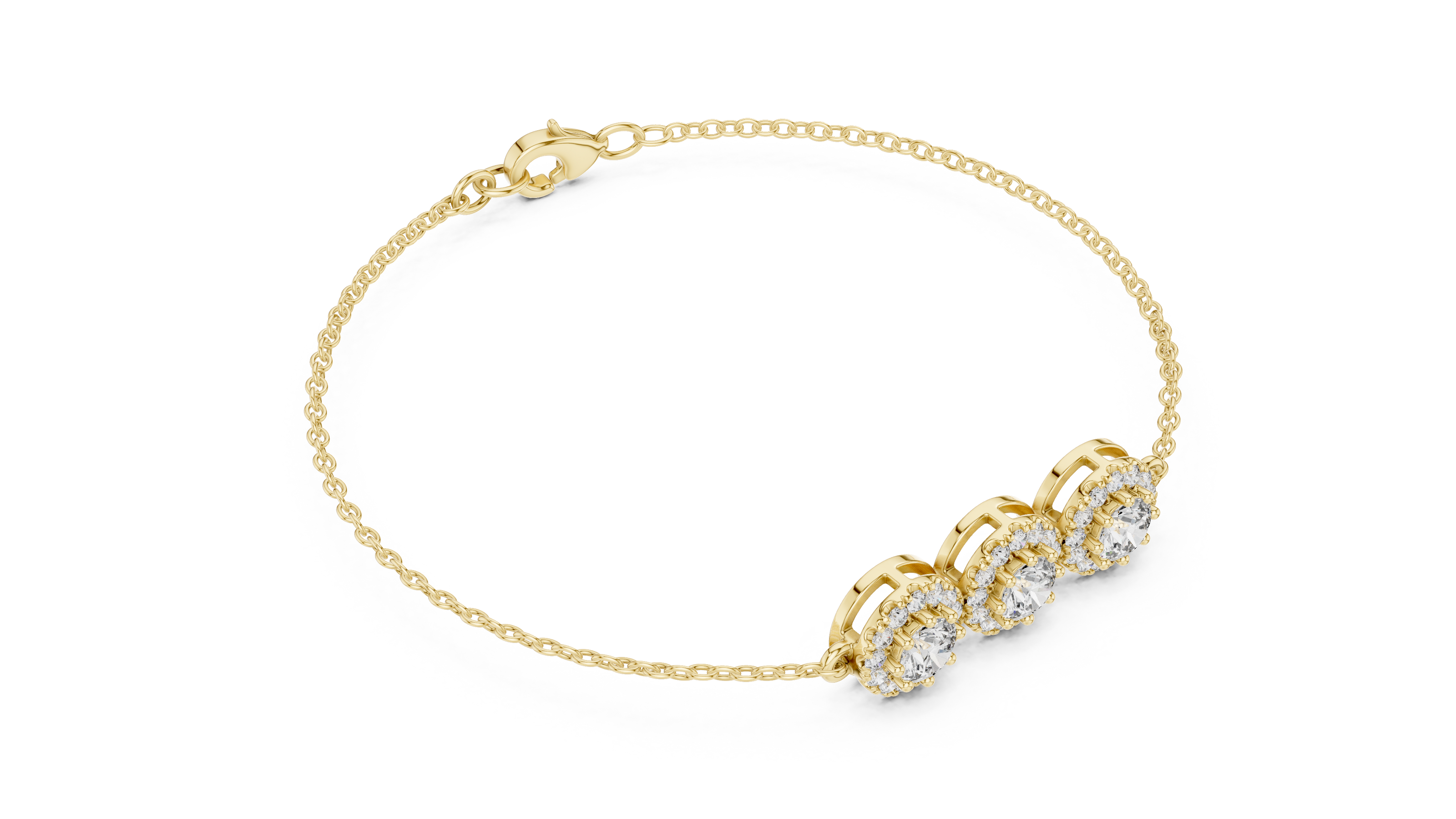 Vintage halo style lab grown diamond bracelet connector with round center diamonds and halo detailing in yellow white and rose gold