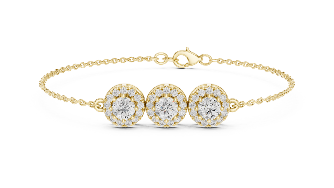 Vintage halo style lab grown diamond bracelet connector with round center diamonds and halo detailing in yellow white and rose gold