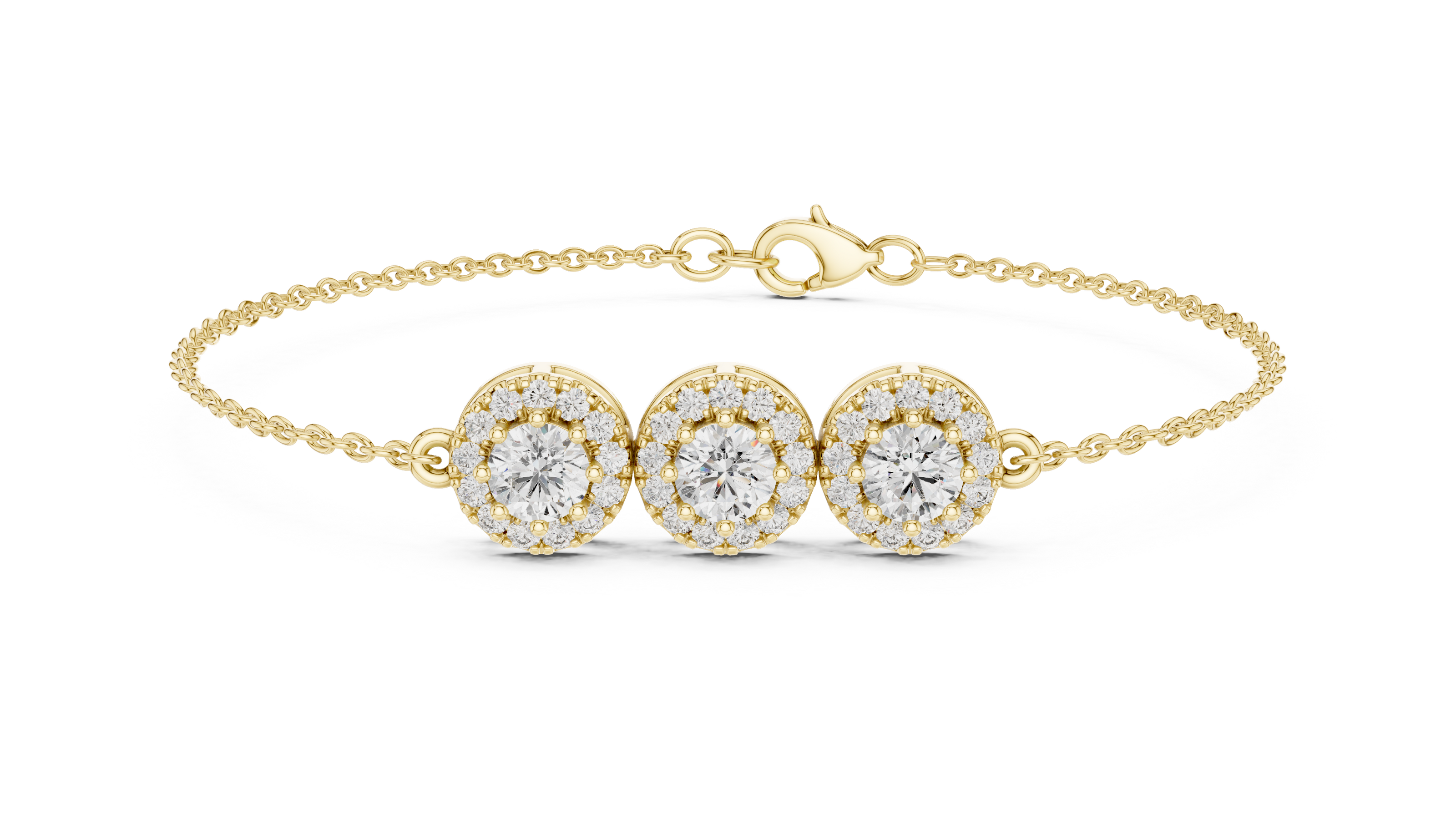 Vintage halo style lab grown diamond bracelet connector with round center diamonds and halo detailing in yellow white and rose gold