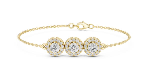 Vintage halo style lab grown diamond bracelet connector with round center diamonds and halo detailing in yellow white and rose gold