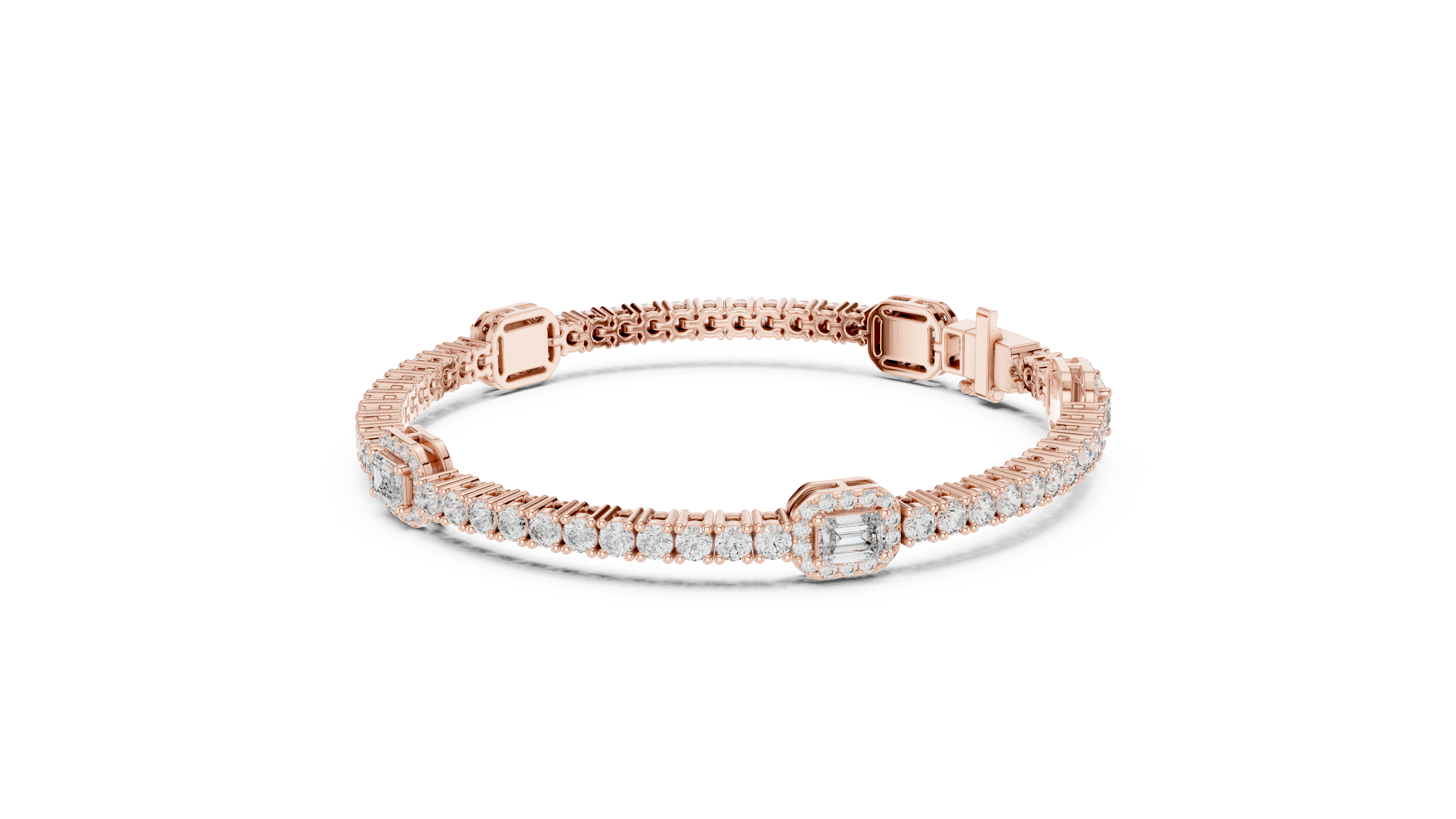 Emerald cut halo lab grown diamond tennis bracelet with round diamond detailing in yellow white and rose gold