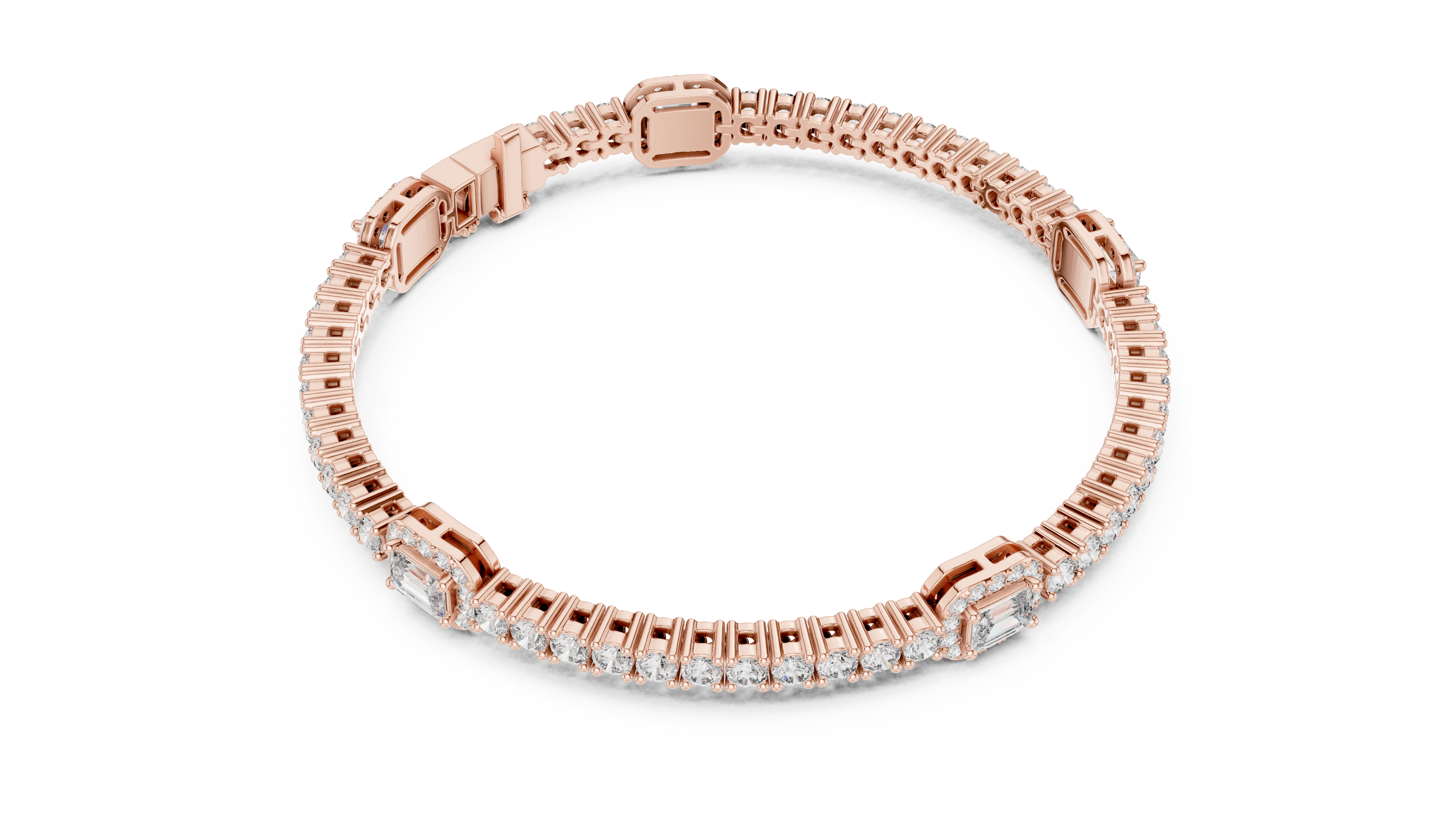 Emerald cut halo lab grown diamond tennis bracelet with round diamond detailing in yellow white and rose gold