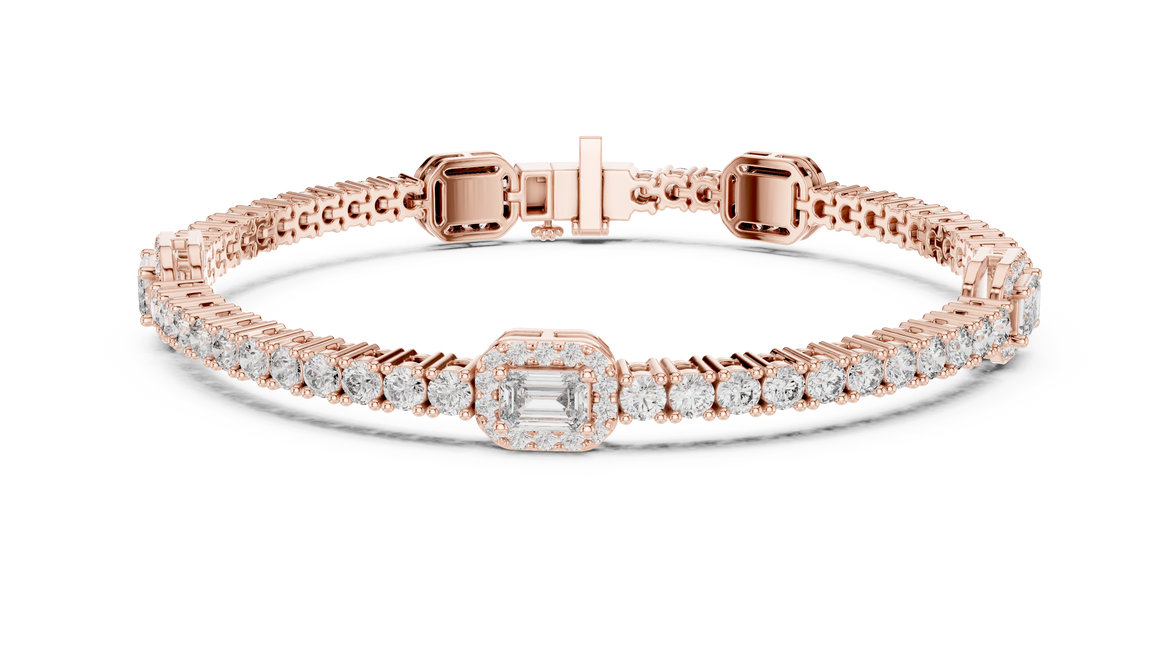 Emerald cut halo lab grown diamond tennis bracelet with round diamond detailing in yellow white and rose gold