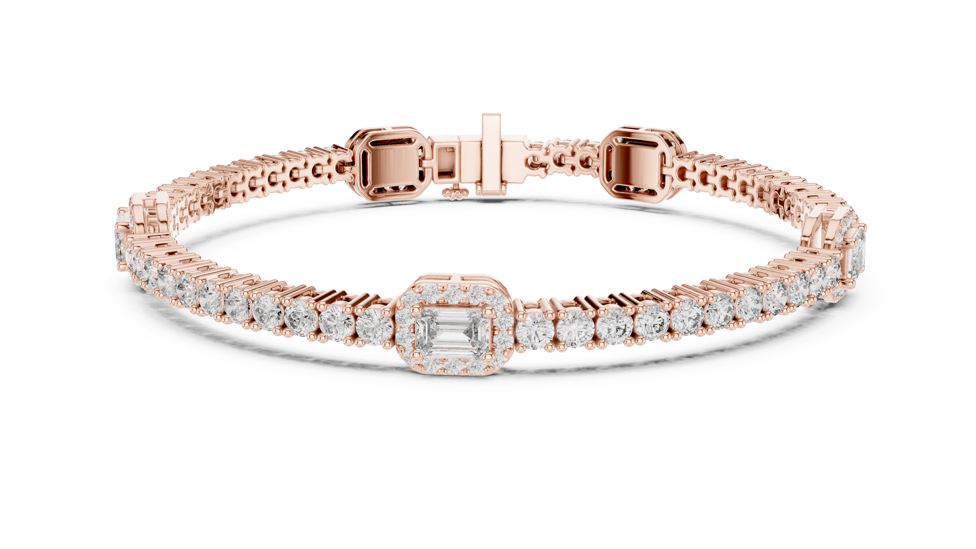 Emerald cut halo lab grown diamond tennis bracelet with round diamond detailing in yellow white and rose gold