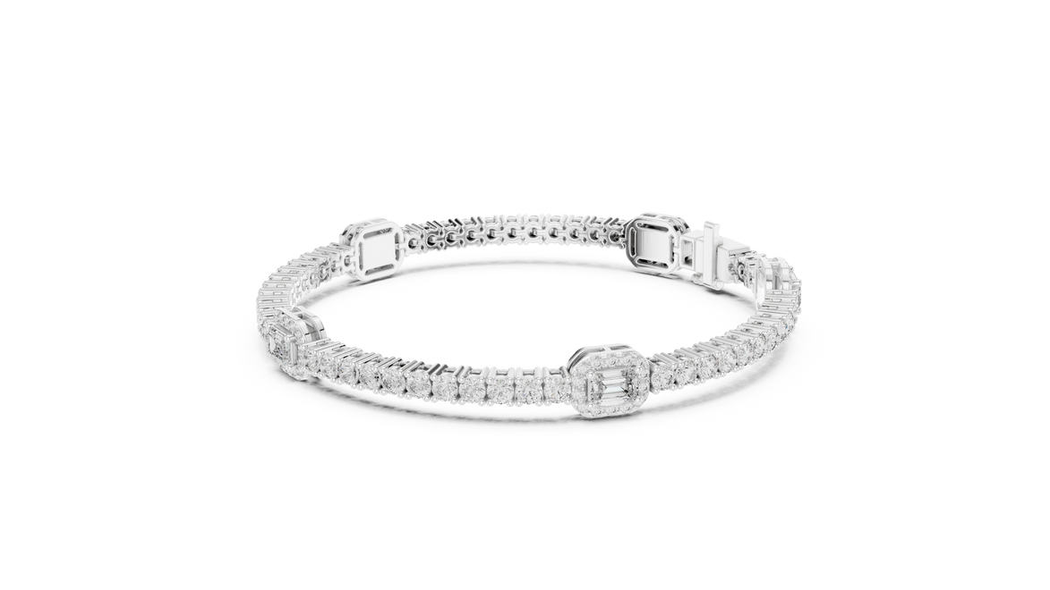 Emerald cut halo lab grown diamond tennis bracelet with round diamond detailing in yellow white and rose gold