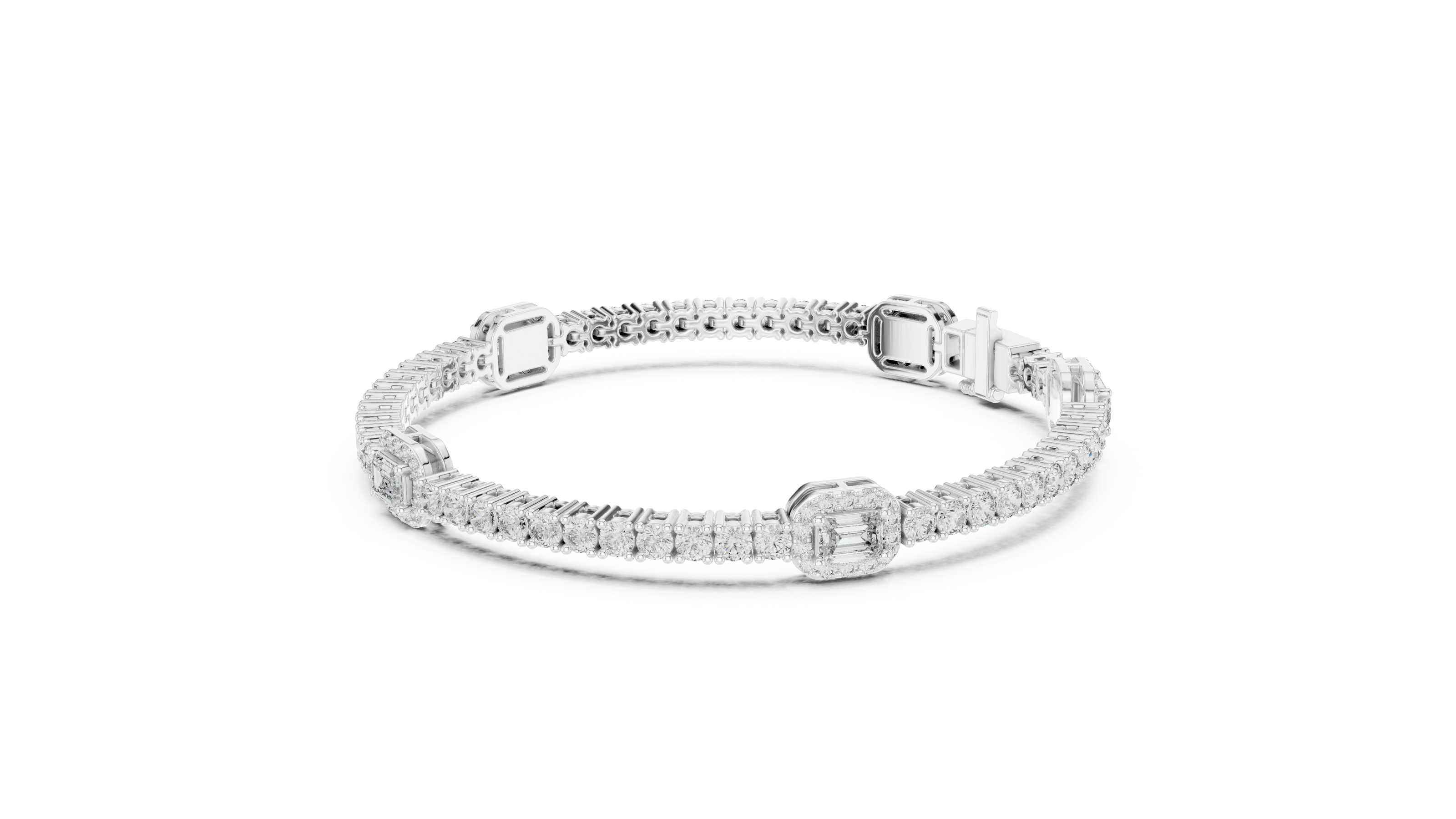 Emerald cut halo lab grown diamond tennis bracelet with round diamond detailing in yellow white and rose gold