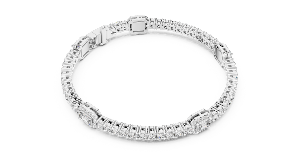 Emerald cut halo lab grown diamond tennis bracelet with round diamond detailing in yellow white and rose gold