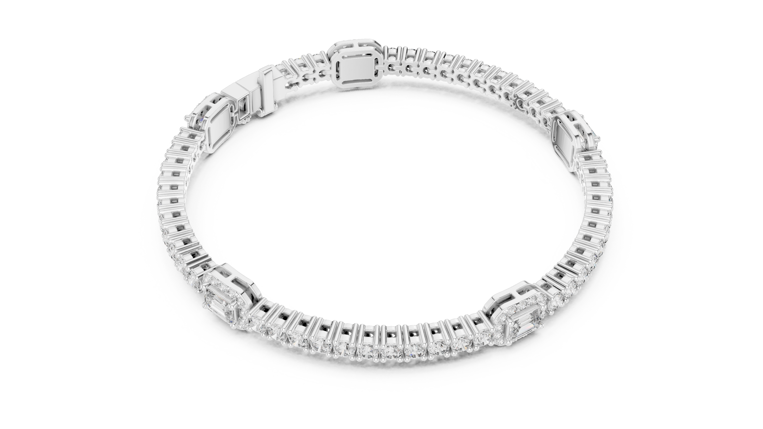 Emerald cut halo lab grown diamond tennis bracelet with round diamond detailing in yellow white and rose gold