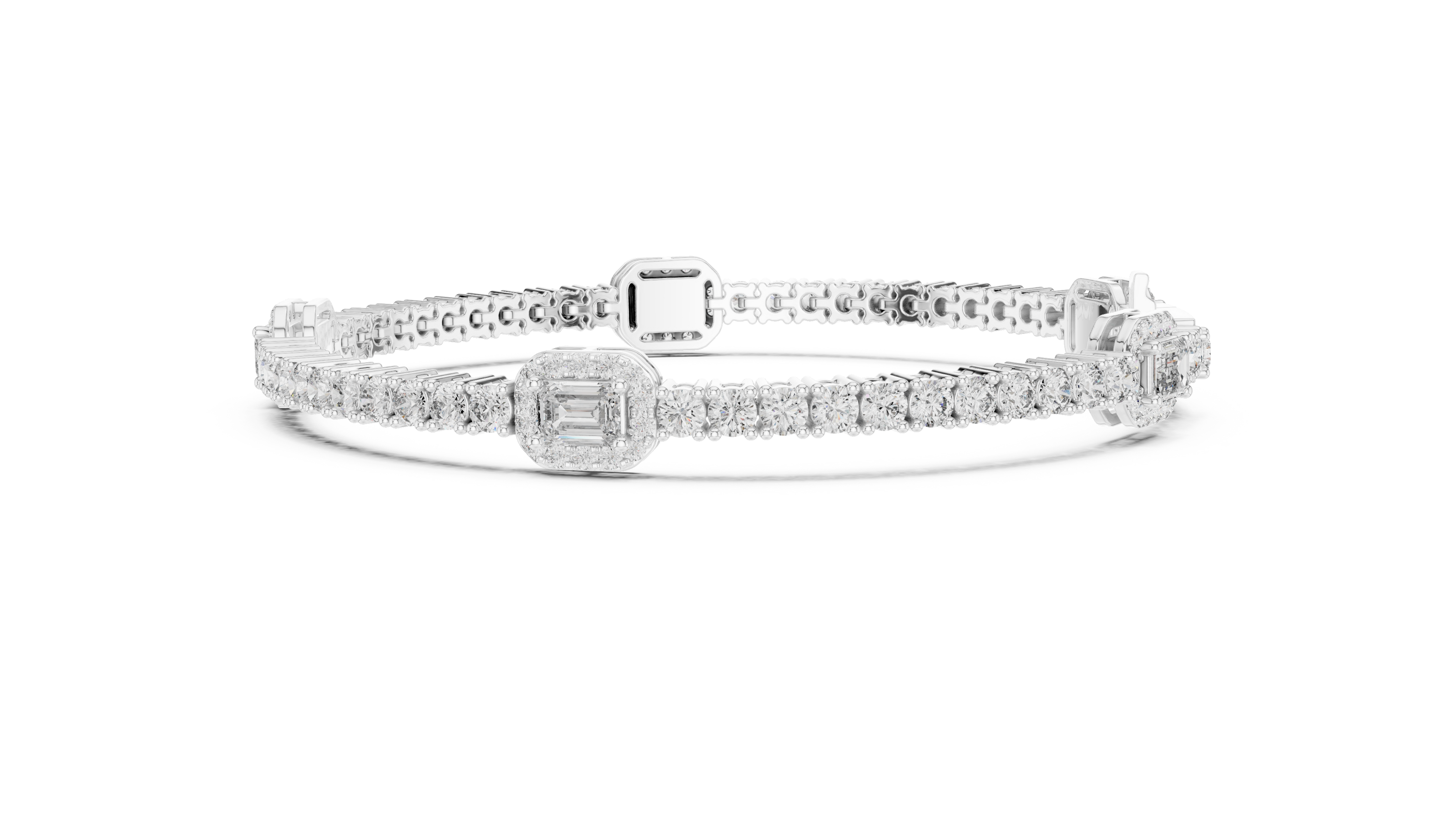 Emerald cut halo lab grown diamond tennis bracelet with round diamond detailing in yellow white and rose gold