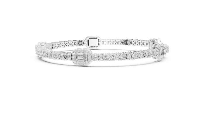 Emerald cut halo lab grown diamond tennis bracelet with round diamond detailing in yellow white and rose gold