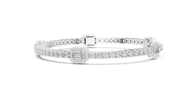 Emerald cut halo lab grown diamond tennis bracelet with round diamond detailing in yellow white and rose gold