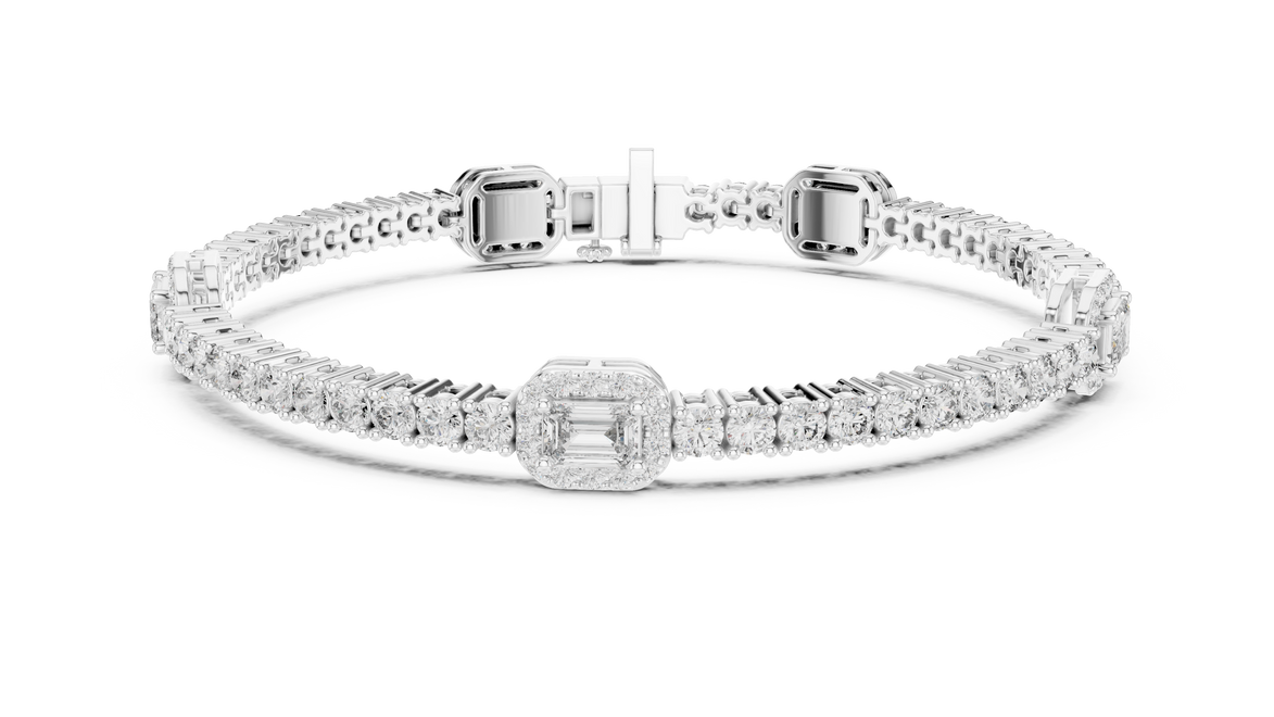 Emerald cut halo lab grown diamond tennis bracelet with round diamond detailing in yellow white and rose gold