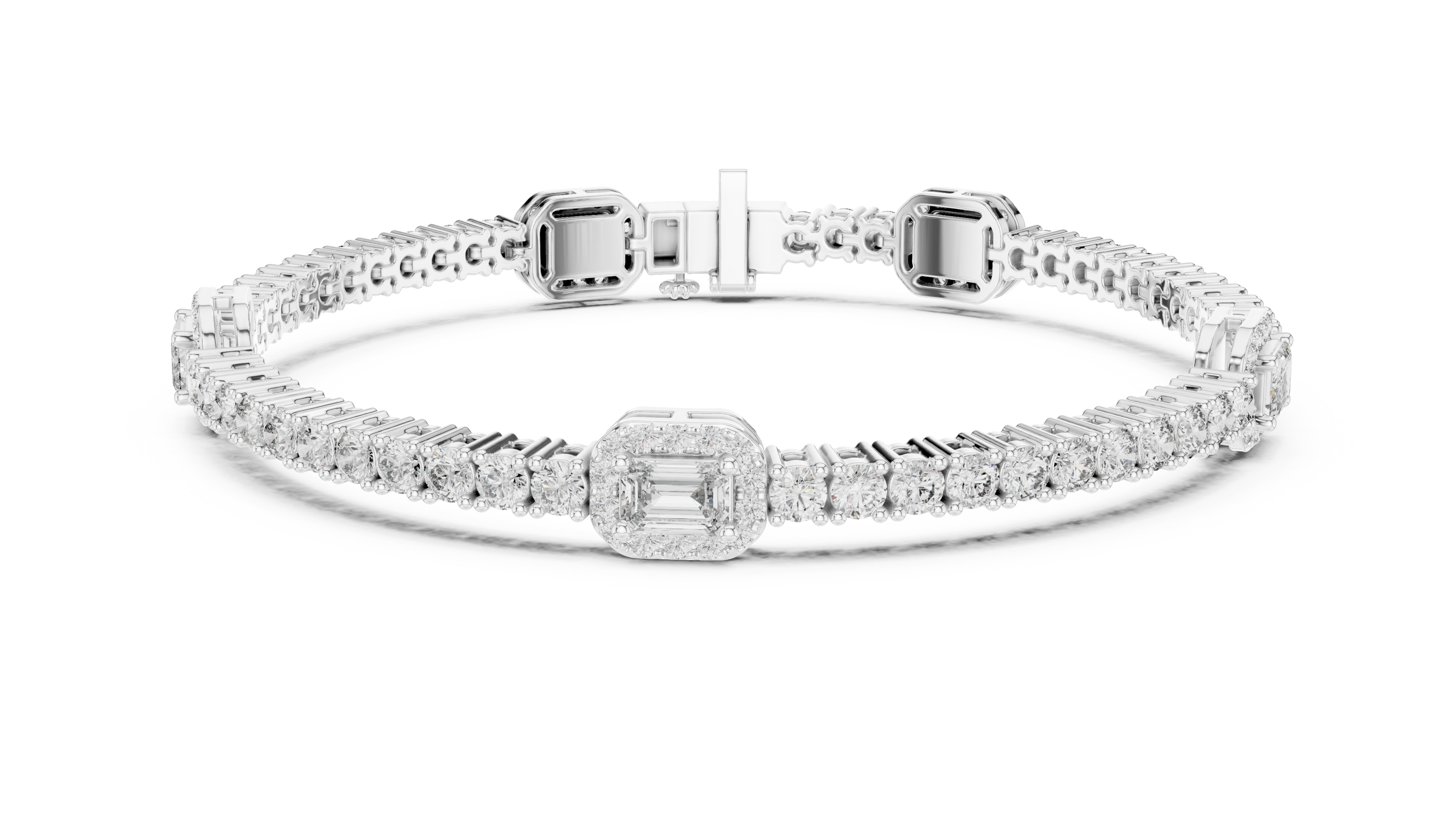 Emerald cut halo lab grown diamond tennis bracelet with round diamond detailing in yellow white and rose gold