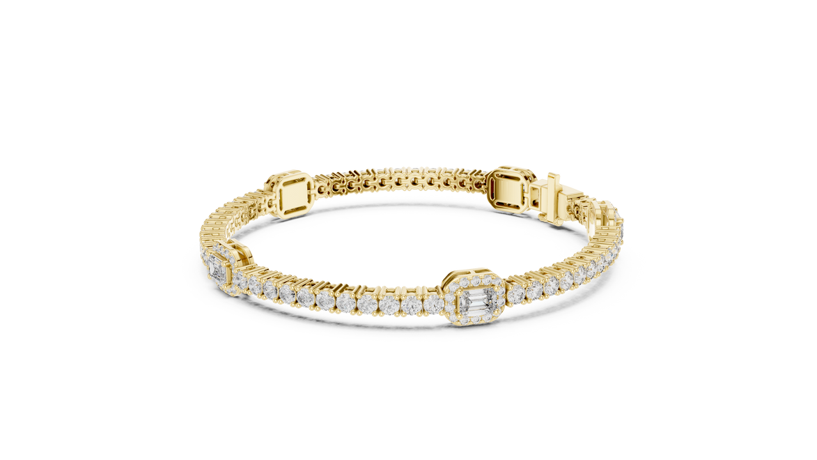 Emerald cut halo lab grown diamond tennis bracelet with round diamond detailing in yellow white and rose gold