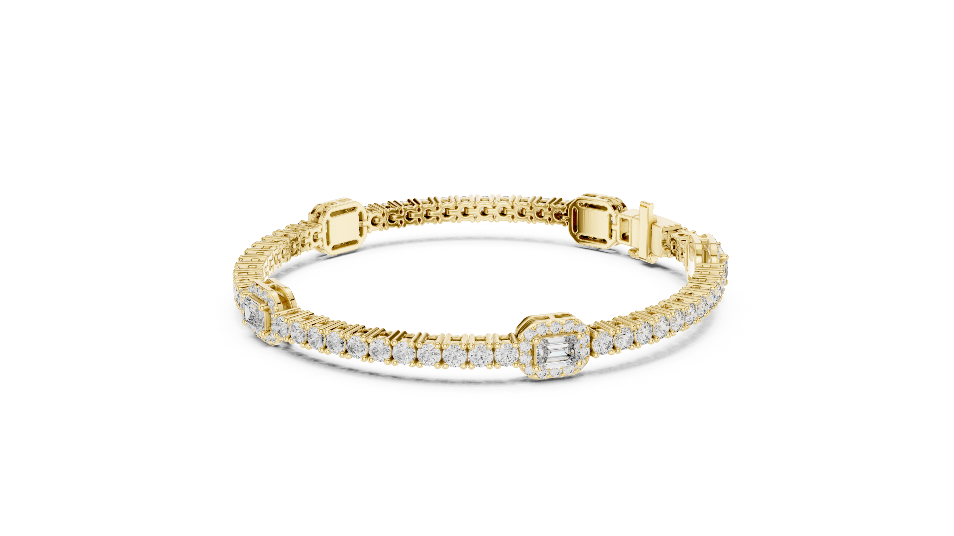Emerald cut halo lab grown diamond tennis bracelet with round diamond detailing in yellow white and rose gold