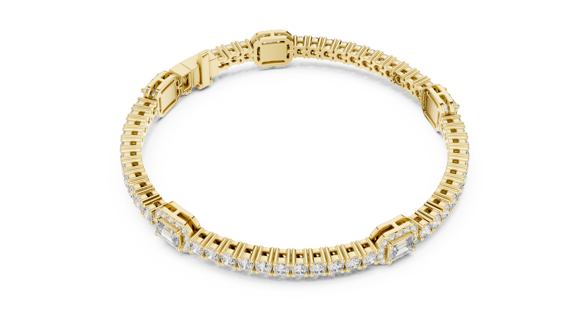 Emerald cut halo lab grown diamond tennis bracelet with round diamond detailing in yellow white and rose gold