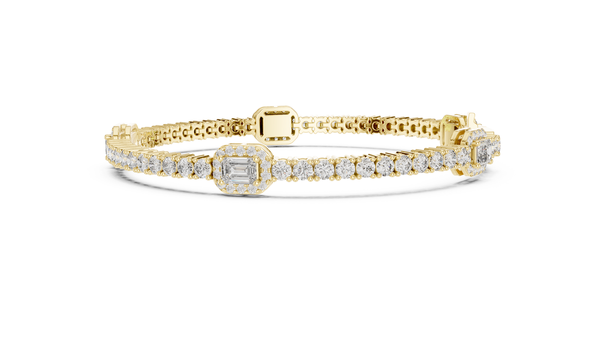 Emerald cut halo lab grown diamond tennis bracelet with round diamond detailing in yellow white and rose gold