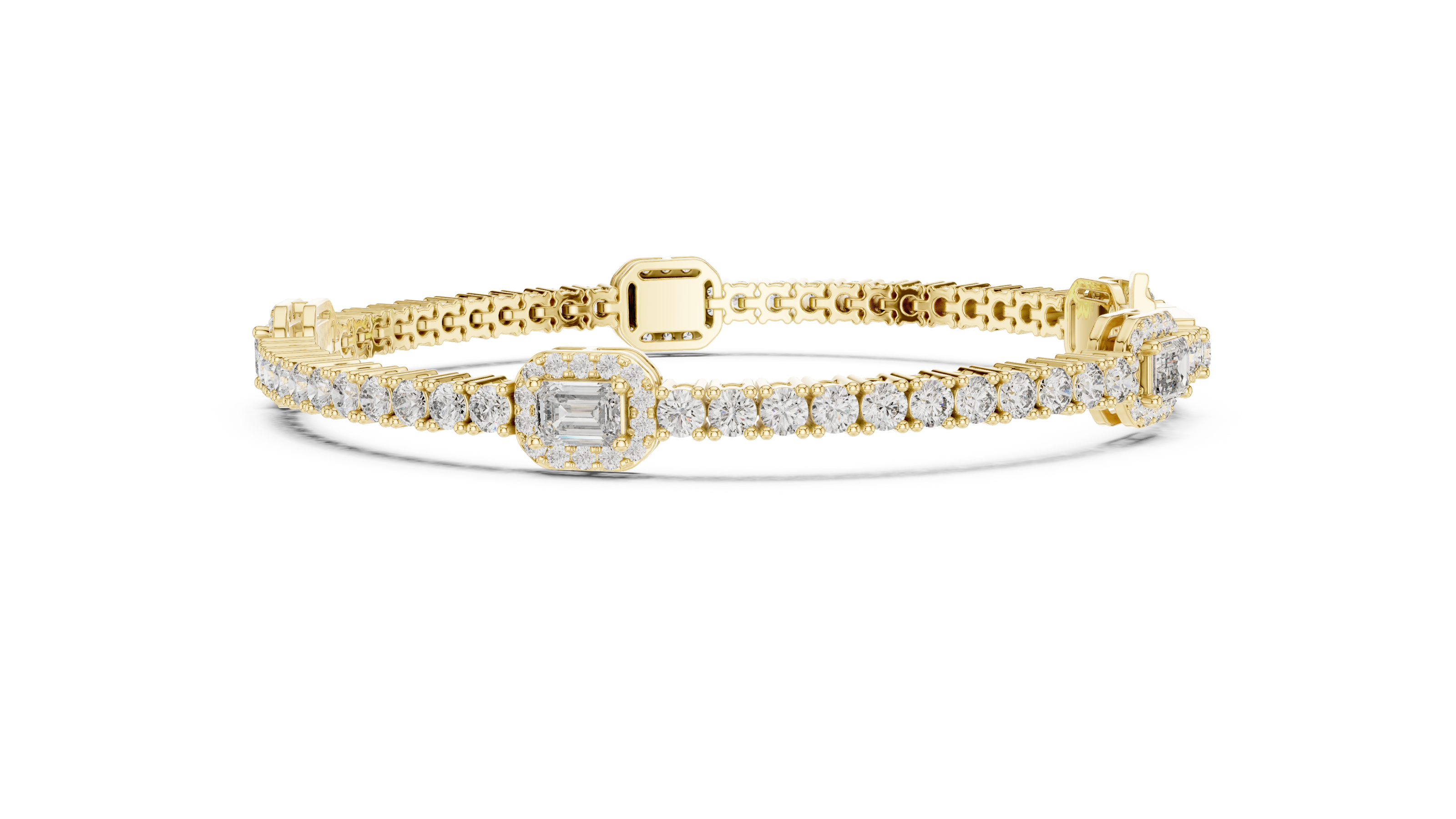 Emerald cut halo lab grown diamond tennis bracelet with round diamond detailing in yellow white and rose gold