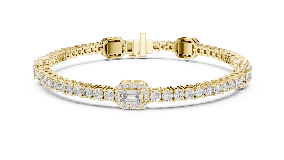 Emerald cut halo lab grown diamond tennis bracelet with round diamond detailing in yellow white and rose gold