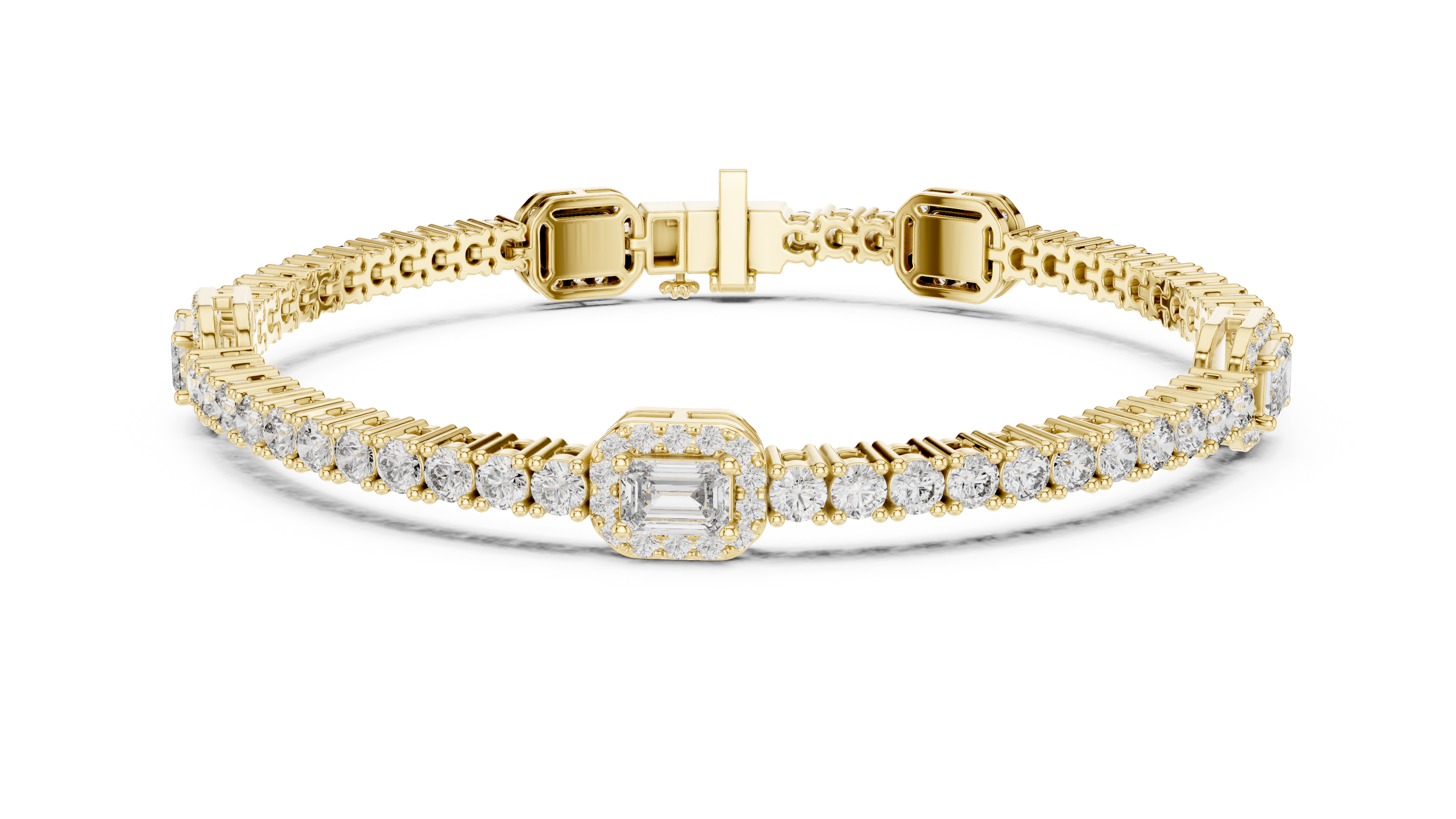 Emerald cut halo lab grown diamond tennis bracelet with round diamond detailing in yellow white and rose gold