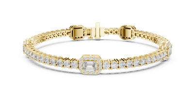 Emerald cut halo lab grown diamond tennis bracelet with round diamond detailing in yellow white and rose gold