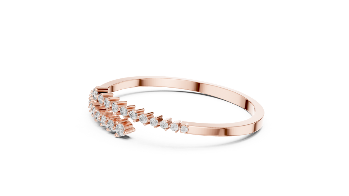 Graduated round lab grown diamond open cuff bracelet with flowing diamond design in yellow white and rose gold