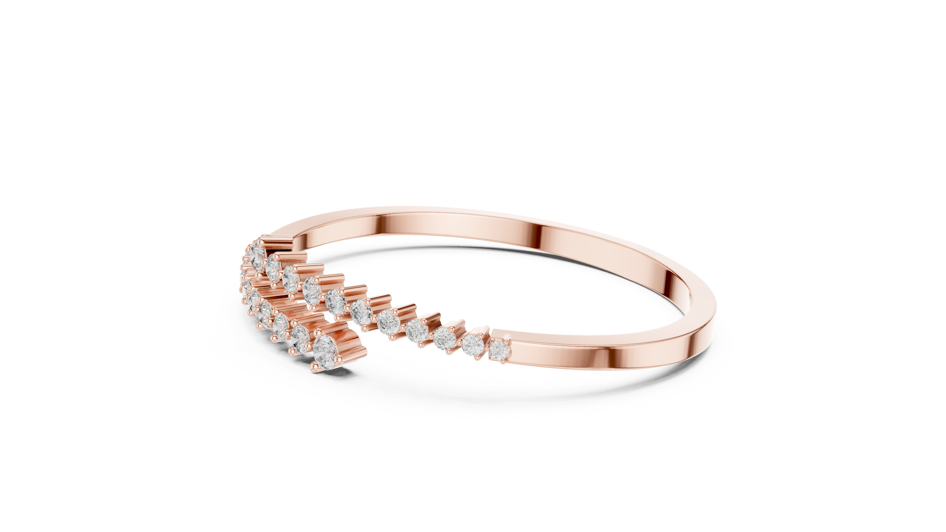 Graduated round lab grown diamond open cuff bracelet with flowing diamond design in yellow white and rose gold