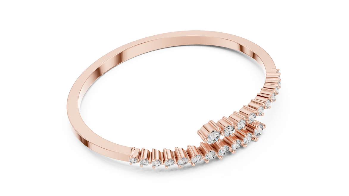 Graduated round lab grown diamond open cuff bracelet with flowing diamond design in yellow white and rose gold