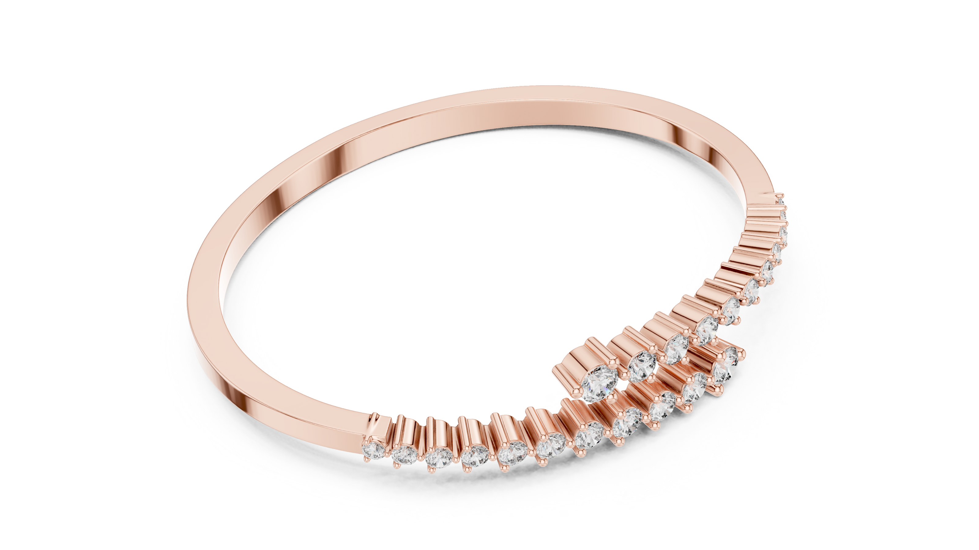 Graduated round lab grown diamond open cuff bracelet with flowing diamond design in yellow white and rose gold