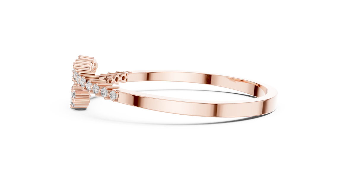 Graduated round lab grown diamond open cuff bracelet with flowing diamond design in yellow white and rose gold