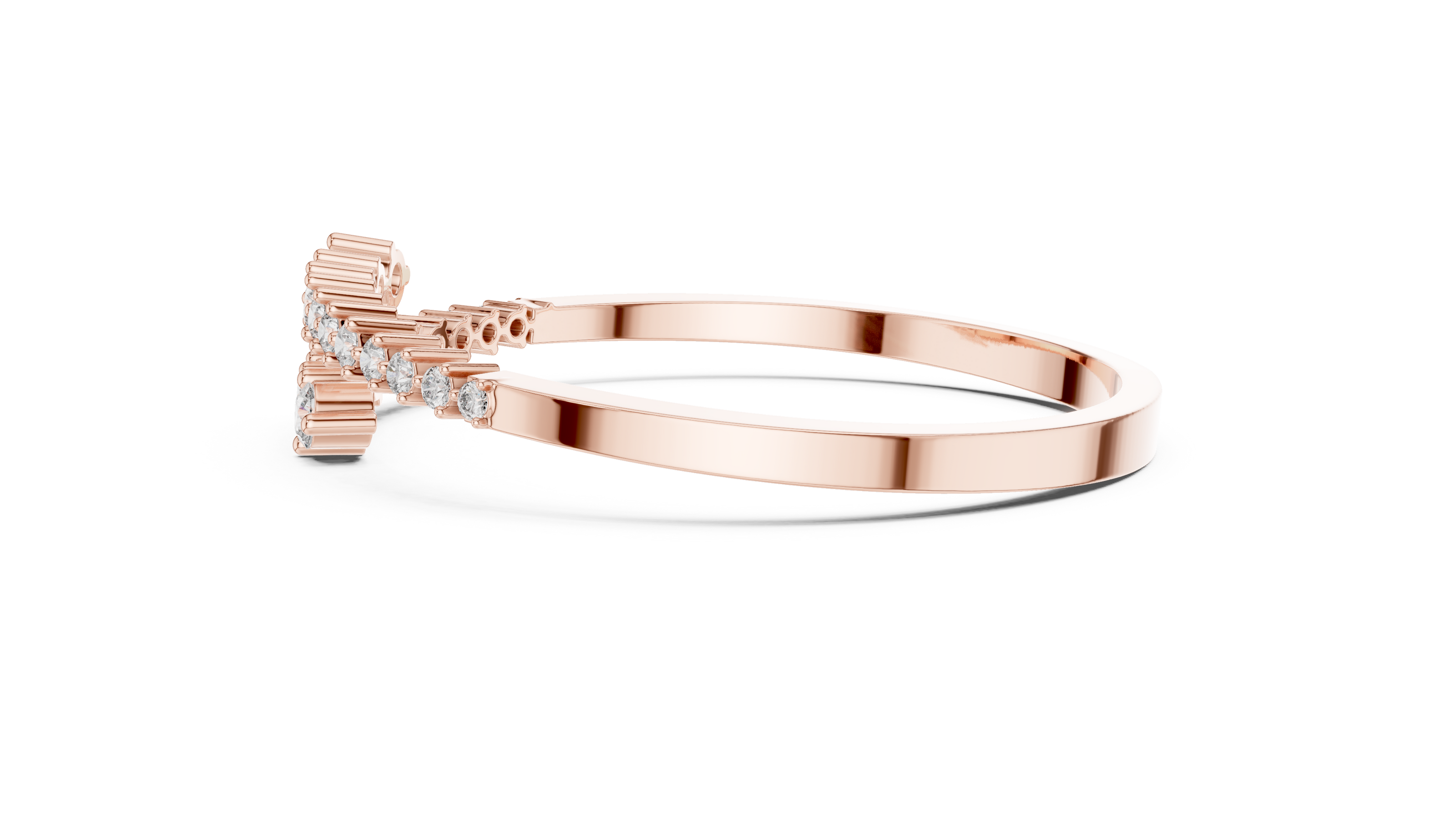 Graduated round lab grown diamond open cuff bracelet with flowing diamond design in yellow white and rose gold