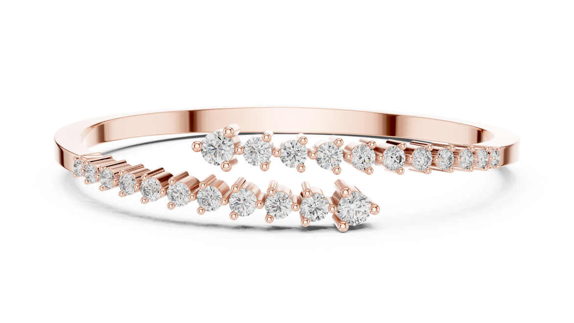 Graduated round lab grown diamond open cuff bracelet with flowing diamond design in yellow white and rose gold