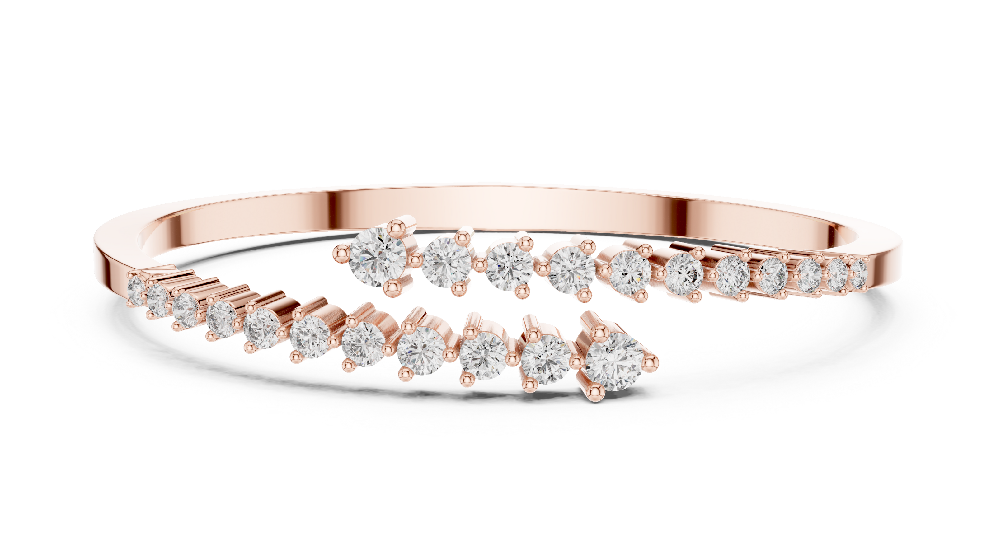 Graduated round lab grown diamond open cuff bracelet with flowing diamond design in yellow white and rose gold