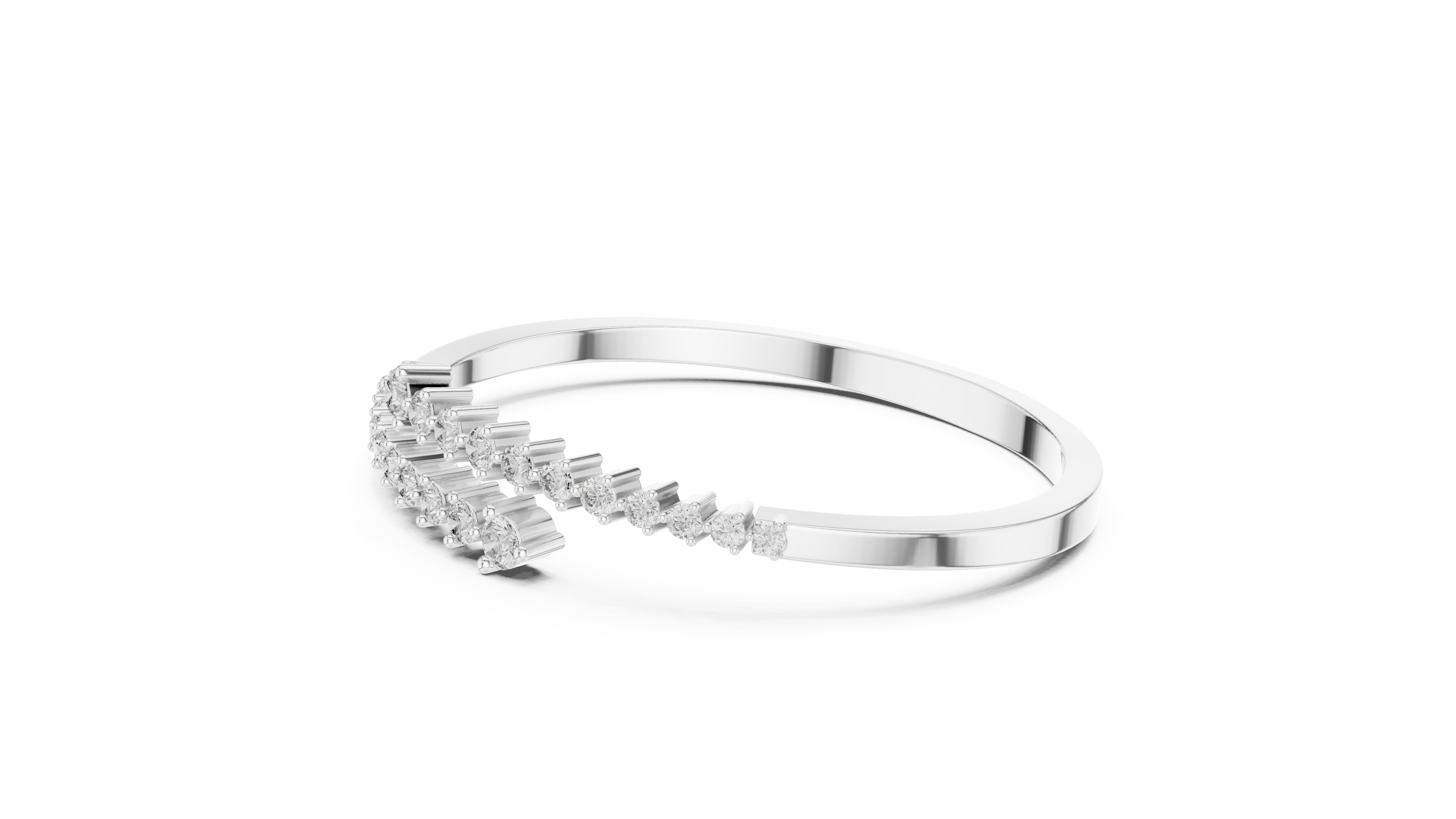 Graduated round lab grown diamond open cuff bracelet with flowing diamond design in yellow white and rose gold