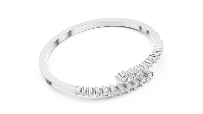 Graduated round lab grown diamond open cuff bracelet with flowing diamond design in yellow white and rose gold